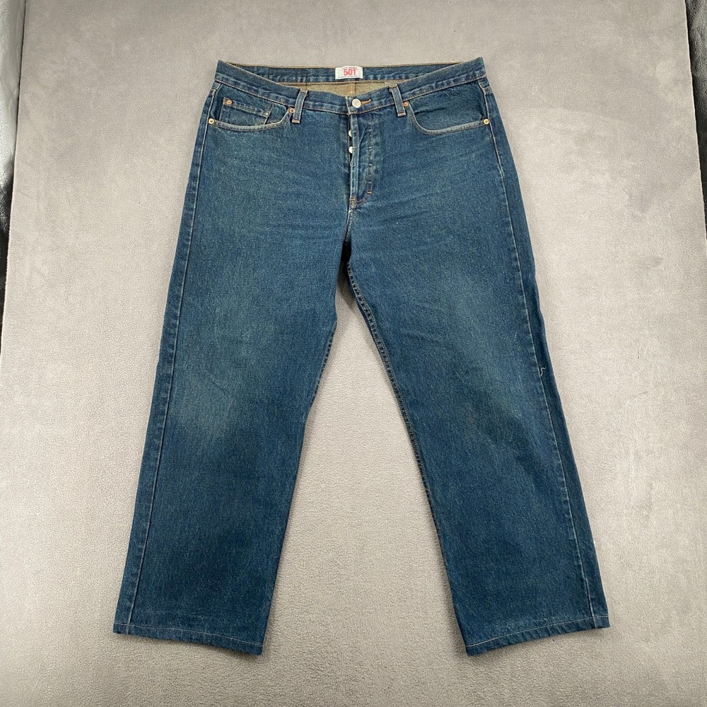 Vintage Levis 501 Made in USA Blue Denim Straight Leg Button Fly Jeans 36x30